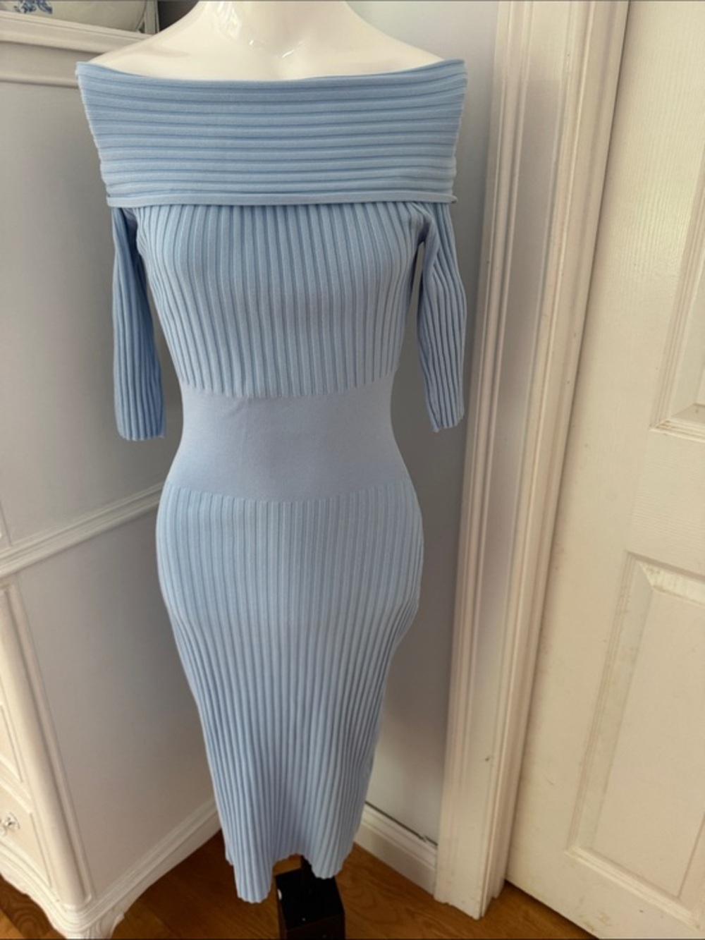 Zara Light Blue off the Shoulder Ribbed Bodycon Midi Dress